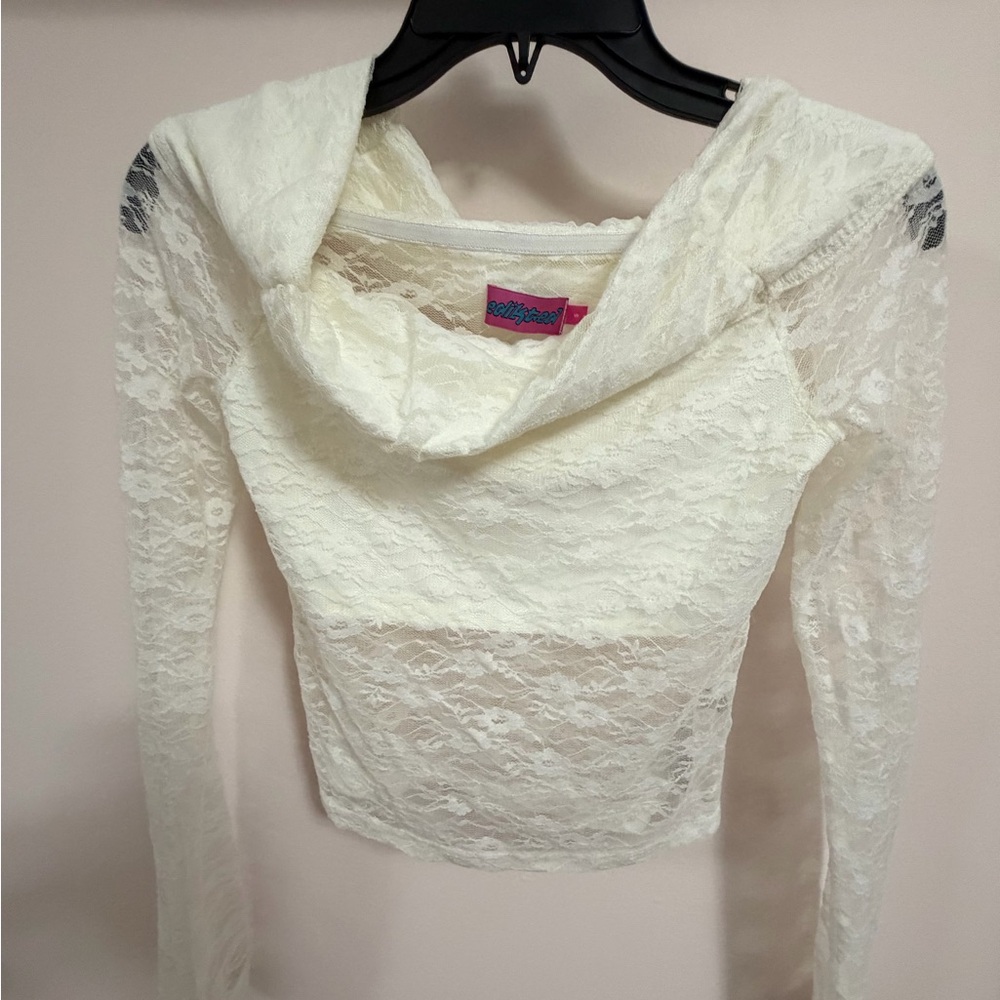 Sheer Lace Long-Sleeve Hooded Top - Ivory